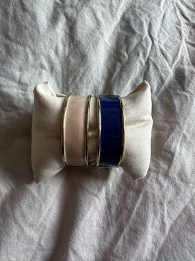 BCBG Enamel Bangle Bracelet Set Blue & Nude Gold Tone Hinged Cuff Pair